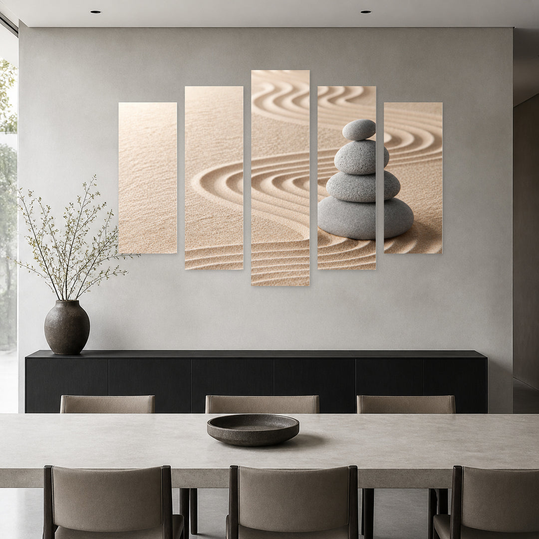 Zen Garden for Meditation in Serene Light — five-panel wall art in alternate frontal interior | 5wallart 54741 M4