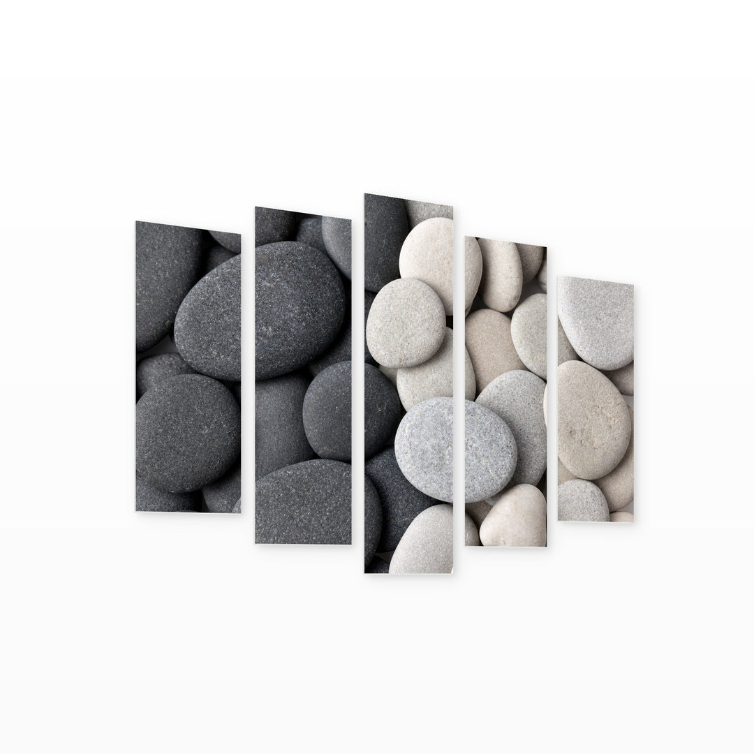 Black and White Stones with Geometric Rhythm — five-panel wall art on white background in perspective | 5wallart 54742 M1