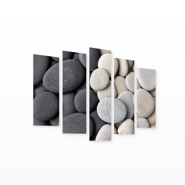 Black and White Stones with Geometric Rhythm — five-panel wall art on white background in perspective | 5wallart 54742 M1