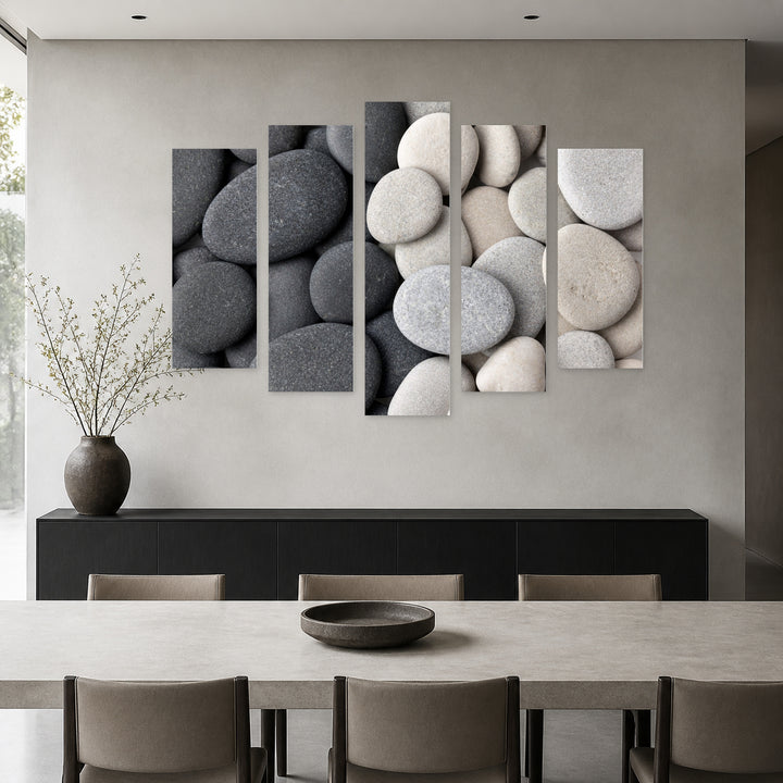 Black and White Stones with Geometric Rhythm — five-panel wall art in frontal interior | 5wallart 54742 M3