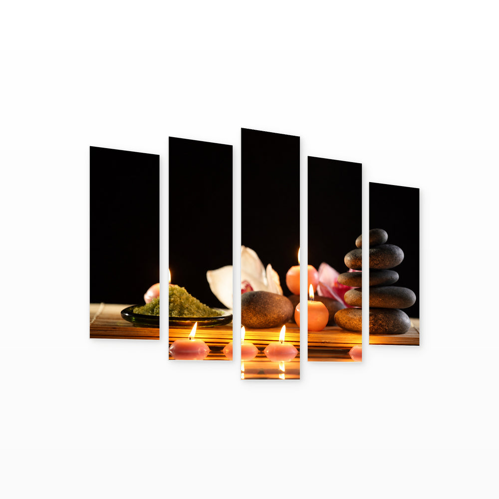 Spa Still Life with Stones in Serene Light — five-panel wall art on white background in perspective | 5wallart 54743 M1