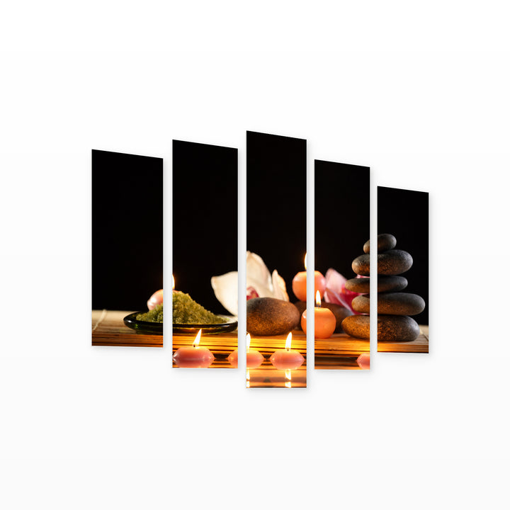 Spa Still Life with Stones in Serene Light — five-panel wall art on white background in perspective | 5wallart 54743 M1