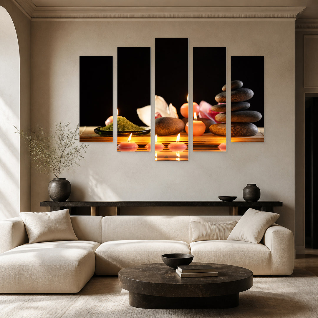 Spa Still Life with Stones in Serene Light — five-panel wall art in frontal interior | 5wallart 54743 M3