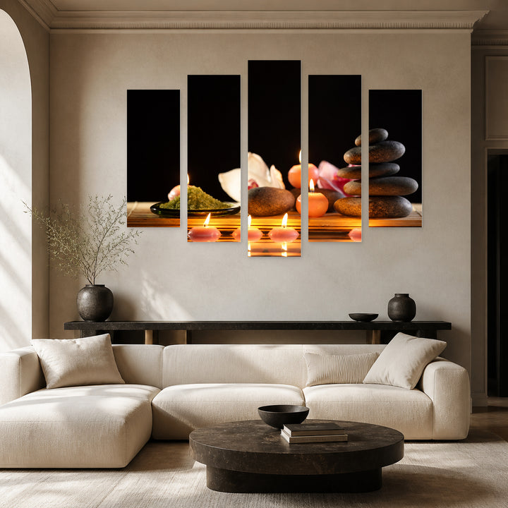 Spa Still Life with Stones in Serene Light — five-panel wall art in frontal interior | 5wallart 54743 M3