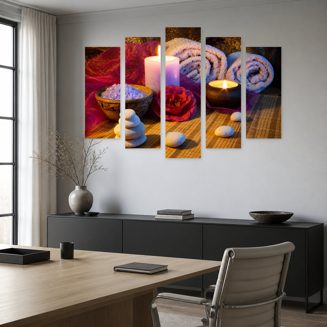 Scented Candles and Stones in Serene Light — five-panel wall art in frontal interior | 5wallart 54744 M3