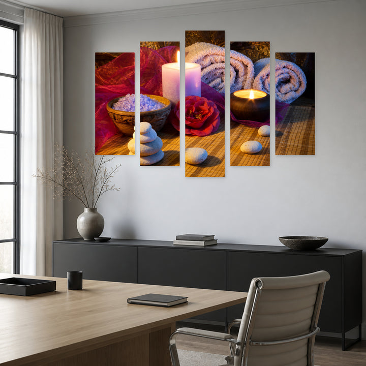 Scented Candles and Stones in Serene Light — five-panel wall art in frontal interior | 5wallart 54744 M3