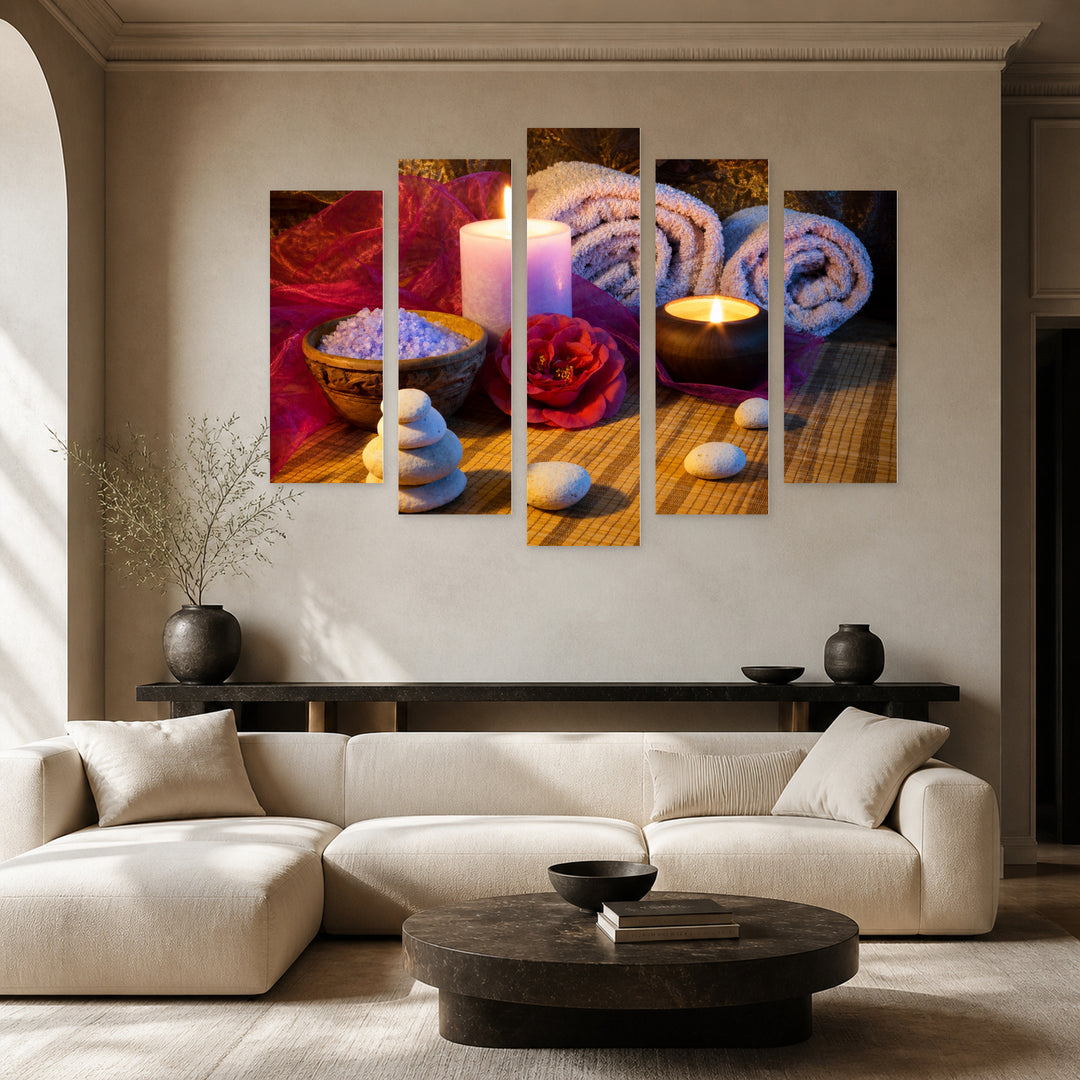 Scented Candles and Stones in Serene Light — five-panel wall art in alternate frontal interior | 5wallart 54744 M4