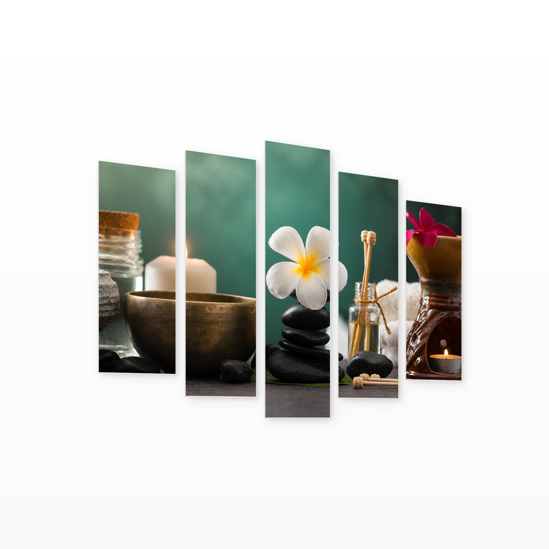 Balanced Spa Stones in Serene Light — five-panel wall art on white background in perspective | 5wallart 54745 M1