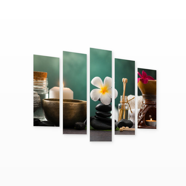 Balanced Spa Stones in Serene Light — five-panel wall art on white background in perspective | 5wallart 54745 M1