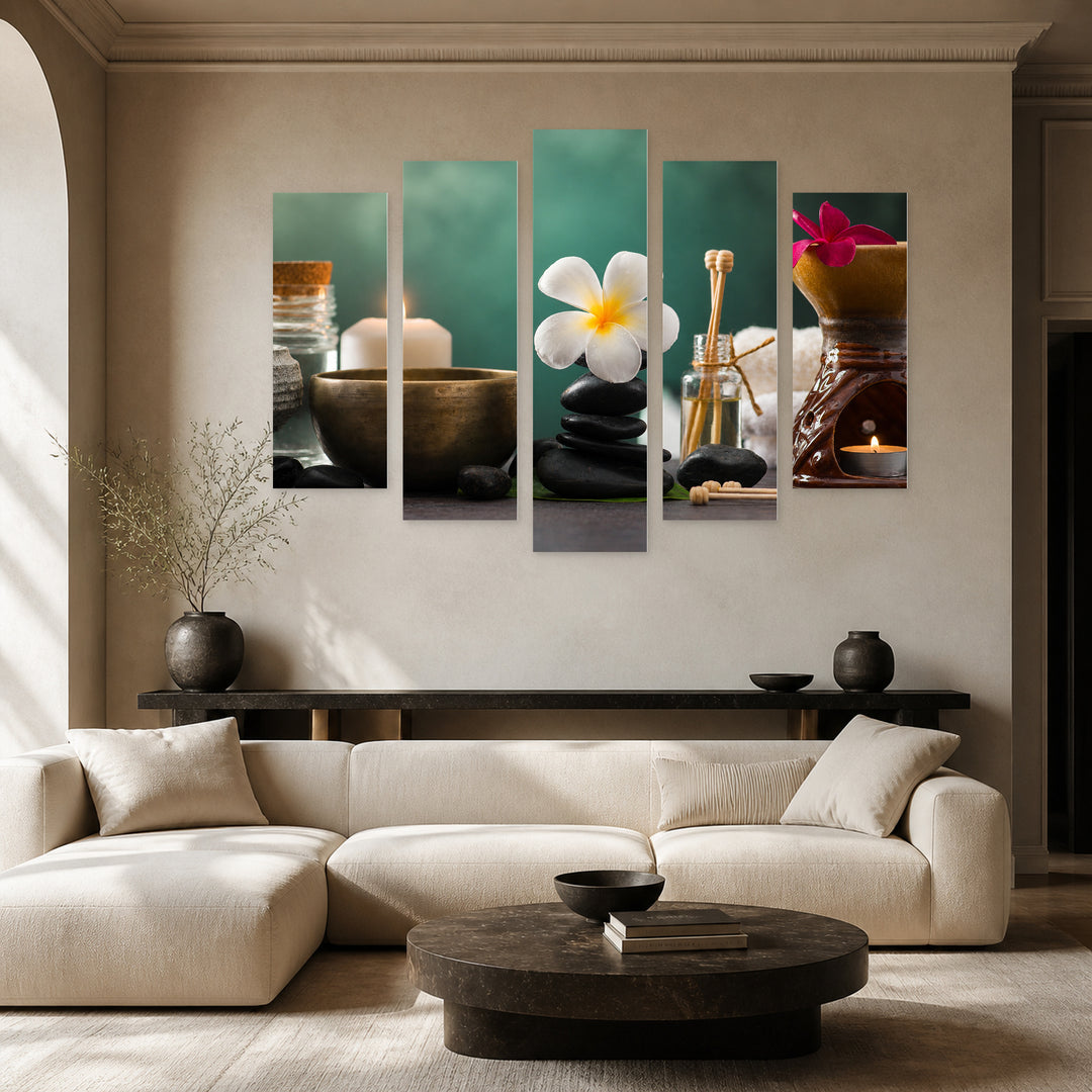 Balanced Spa Stones in Serene Light — five-panel wall art in frontal interior | 5wallart 54745 M3