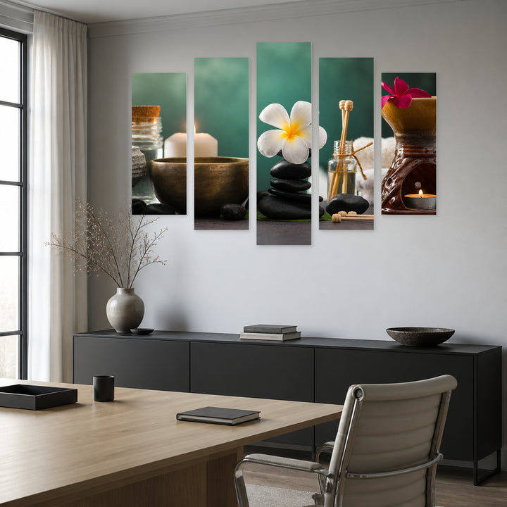 Balanced Spa Stones in Serene Light — five-panel wall art in alternate frontal interior | 5wallart 54745 M4