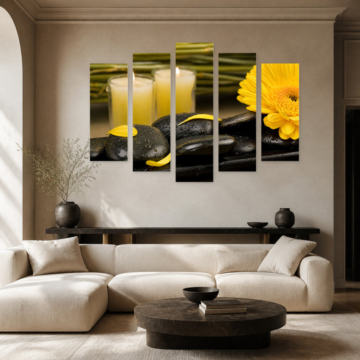 Spa Setting with Pebbles in Serene Light — five-panel wall art in alternate frontal interior | 5wallart 54746 M4
