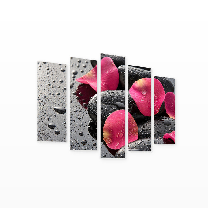 Stones with Pink Petals with Dreamlike Atmosphere — five-panel wall art on white background in perspective | 5wallart 54747 M1