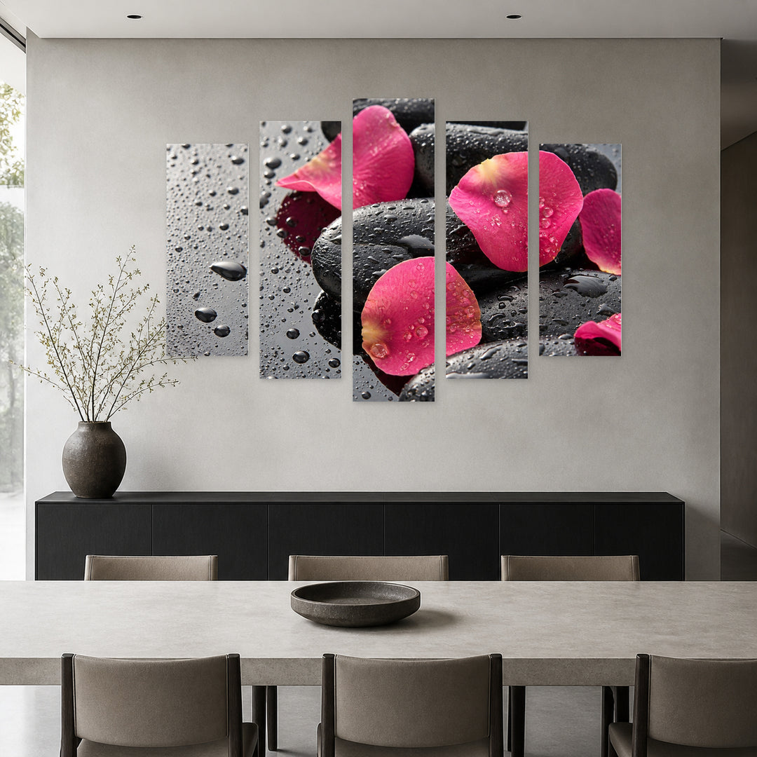 Stones with Pink Petals with Dreamlike Atmosphere — five-panel wall art in alternate frontal interior | 5wallart 54747 M4