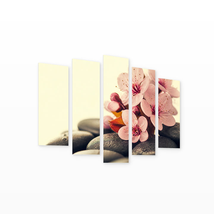 Pink Spa Flowers on Hot Stones — five-panel wall art on white background in perspective | 5wallart 54748 M1