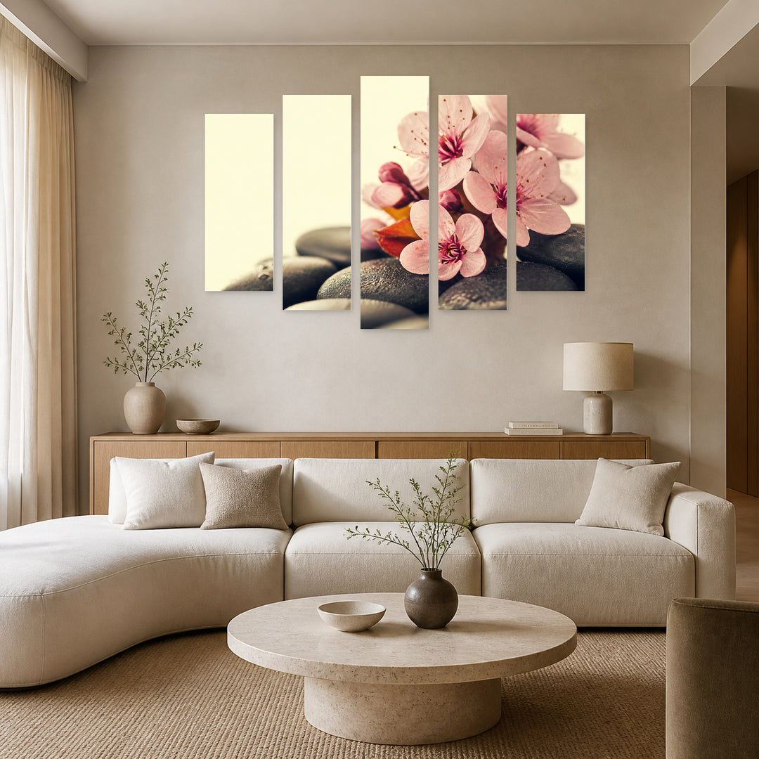 Pink Spa Flowers on Hot Stones — five-panel wall art in alternate frontal interior | 5wallart 54748 M4