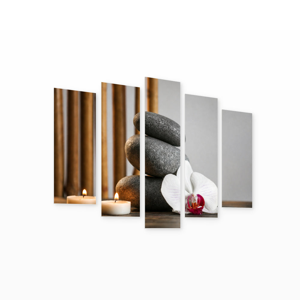 Spa Still Life with Pebbles in Serene Light — five-panel wall art on white background in perspective | 5wallart 54749 M1