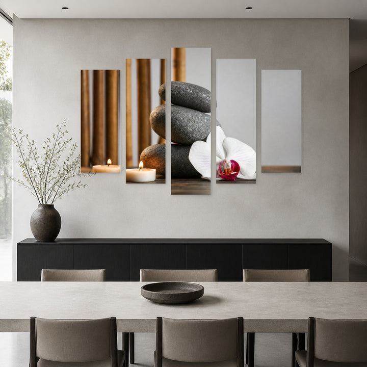 Spa Still Life with Pebbles in Serene Light — five-panel wall art in alternate frontal interior | 5wallart 54749 M4