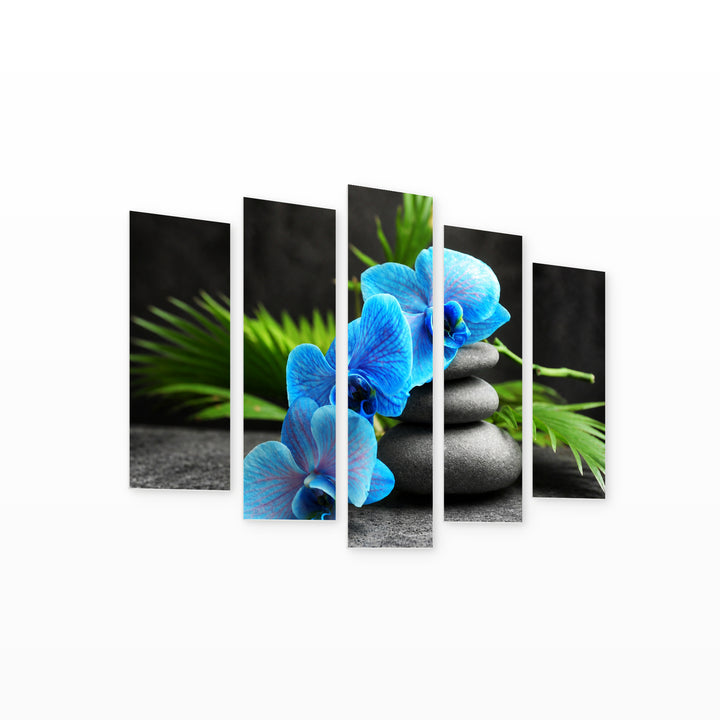 Spa Arrangement with Blue Orchid and Stones — five-panel wall art on white background in perspective | 5wallart 54750 M1