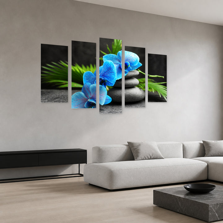 Spa Arrangement with Blue Orchid and Stones — five-panel wall art in perspective interior | 5wallart 54750 M2