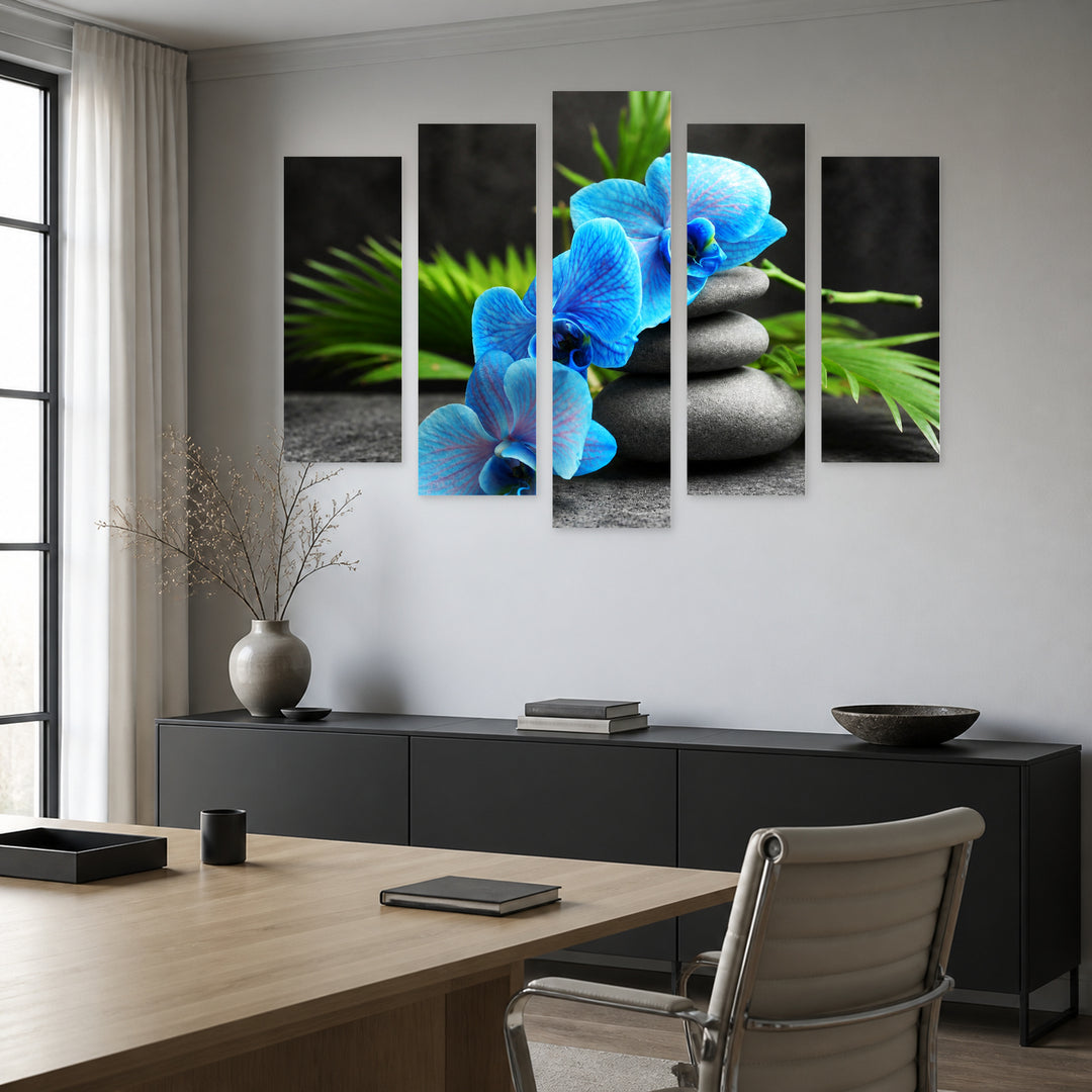 Spa Arrangement with Blue Orchid and Stones — five-panel wall art in frontal interior | 5wallart 54750 M3