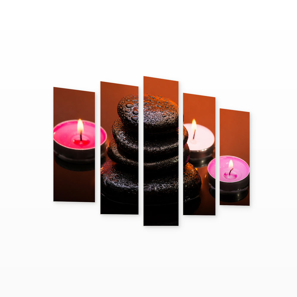 Massage Stones and Burning Candles with Geometric Rhythm — five-panel wall art on white background in perspective | 5wallart 54751 M1