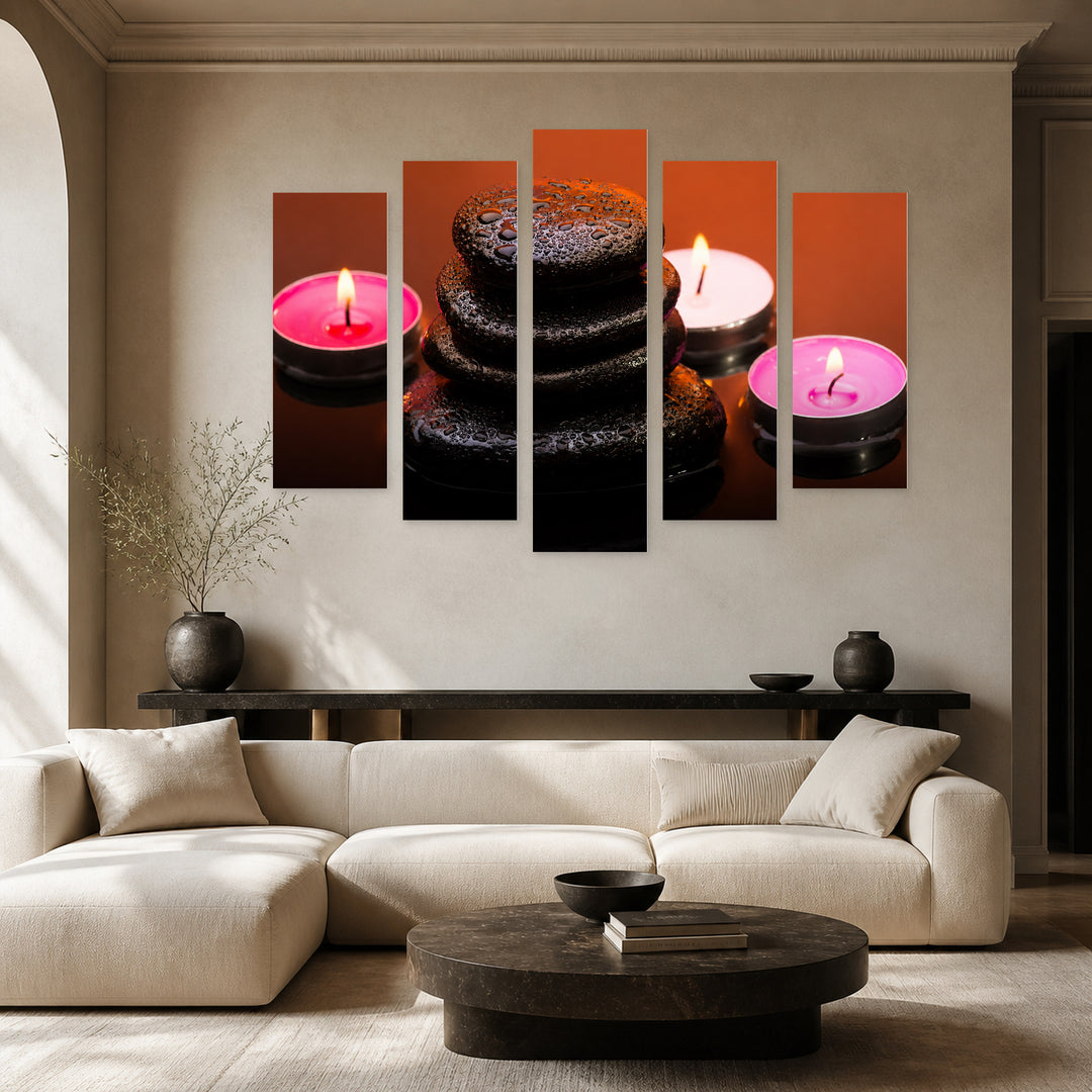 Massage Stones and Burning Candles with Geometric Rhythm — five-panel wall art in frontal interior | 5wallart 54751 M3