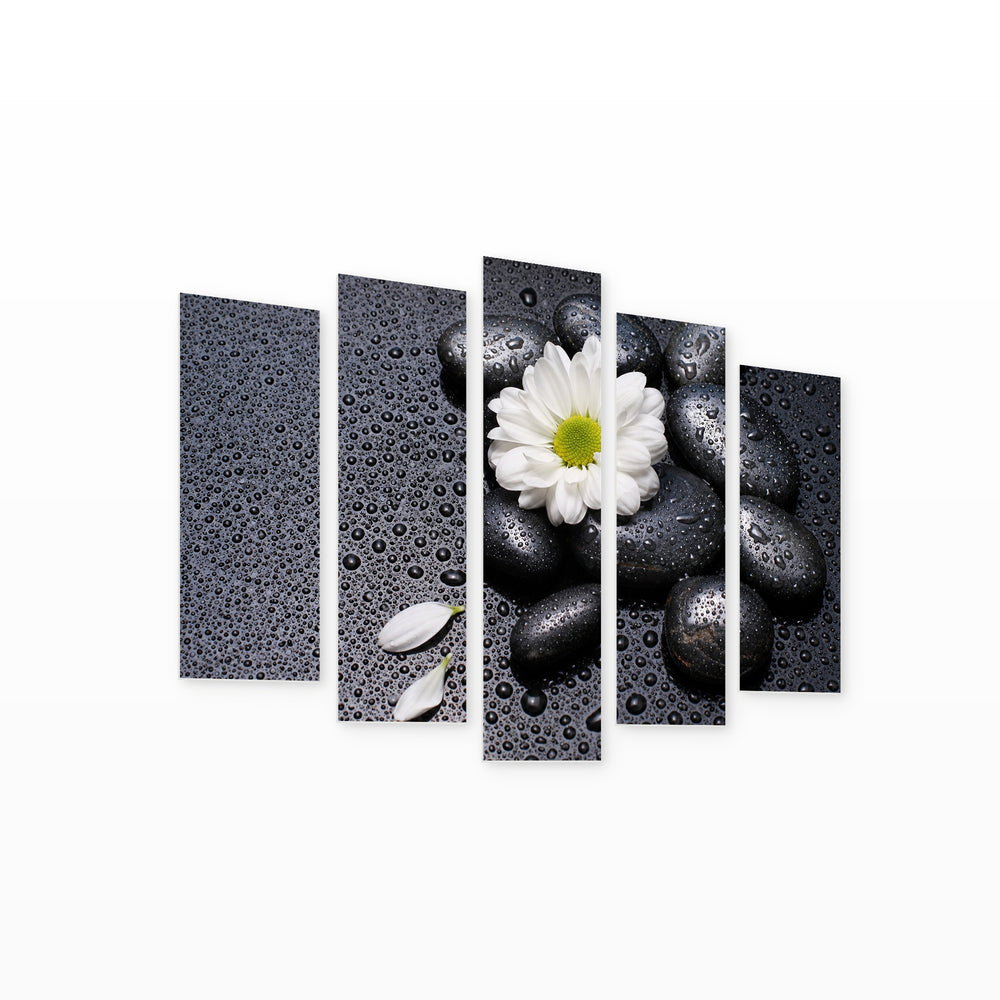 Black Stones with White Flower with Geometric Rhythm — five-panel wall art on white background in perspective | 5wallart 54753 M1