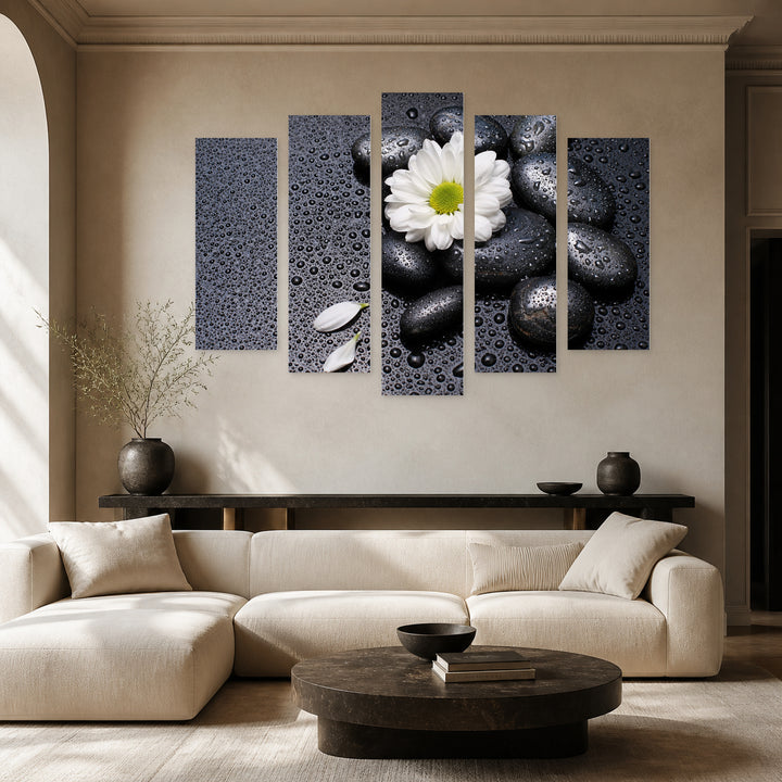 Black Stones with White Flower with Geometric Rhythm — five-panel wall art in frontal interior | 5wallart 54753 M3
