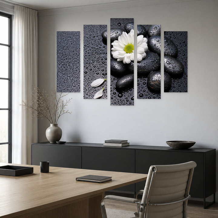 Black Stones with White Flower with Geometric Rhythm — five-panel wall art in alternate frontal interior | 5wallart 54753 M4