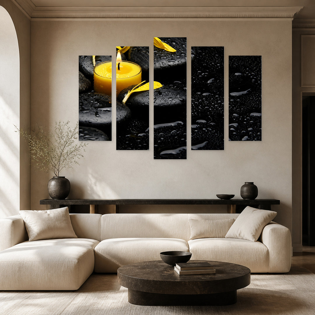 Spa Concept with Geometric Rhythm III — five-panel wall art in alternate frontal interior | 5wallart 54754 M4