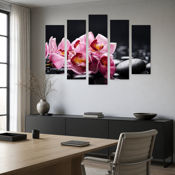 Orchid with Black Stones in Serene Light — five-panel wall art in frontal interior | 5wallart 54756 M3
