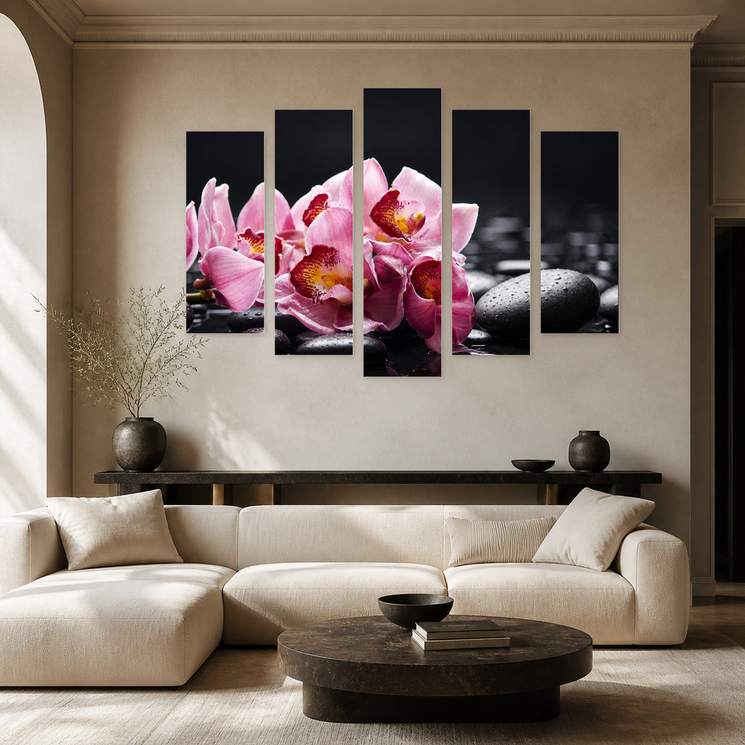Orchid with Black Stones in Serene Light — five-panel wall art in alternate frontal interior | 5wallart 54756 M4