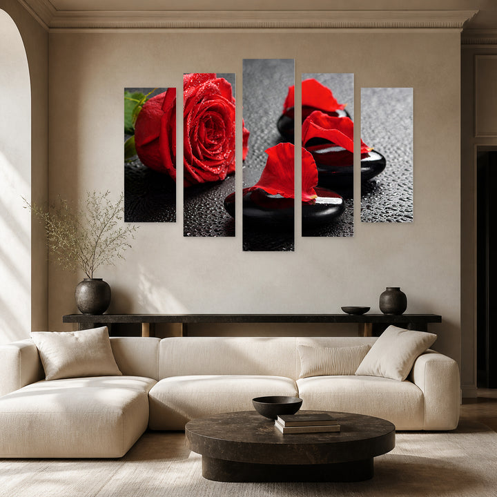 Spa Stones and Rose with Geometric Rhythm — five-panel wall art in frontal interior | 5wallart 54757 M3