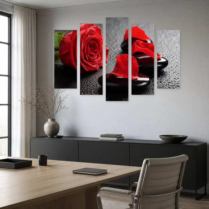 Spa Stones and Rose with Geometric Rhythm — five-panel wall art in alternate frontal interior | 5wallart 54757 M4
