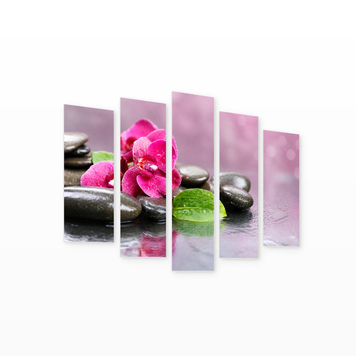 Orchid with Water Drops and Spa Stones — five-panel wall art on white background in perspective | 5wallart 54758 M1