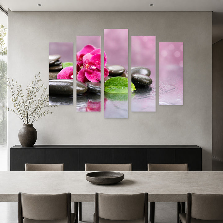 Orchid with Water Drops and Spa Stones — five-panel wall art in frontal interior | 5wallart 54758 M3