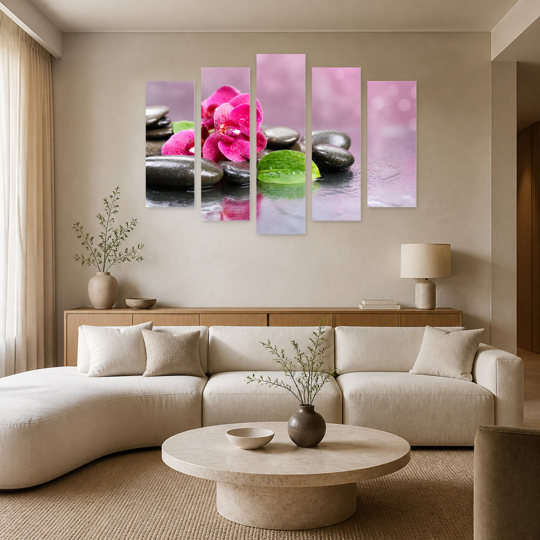 Orchid with Water Drops and Spa Stones — five-panel wall art in alternate frontal interior | 5wallart 54758 M4