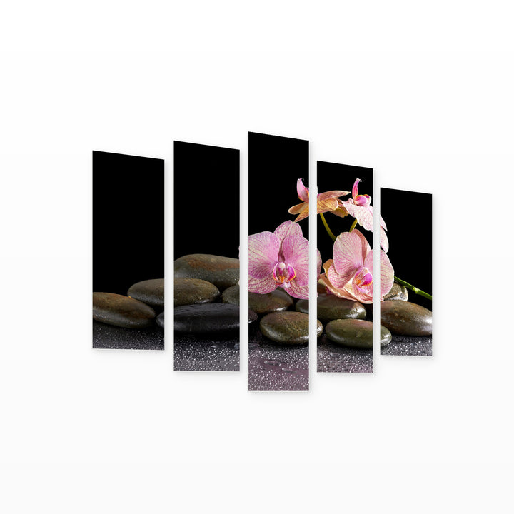 Spa Stones and Orchid Flower with Geometric Rhythm — five-panel wall art on white background in perspective | 5wallart 54759 M1