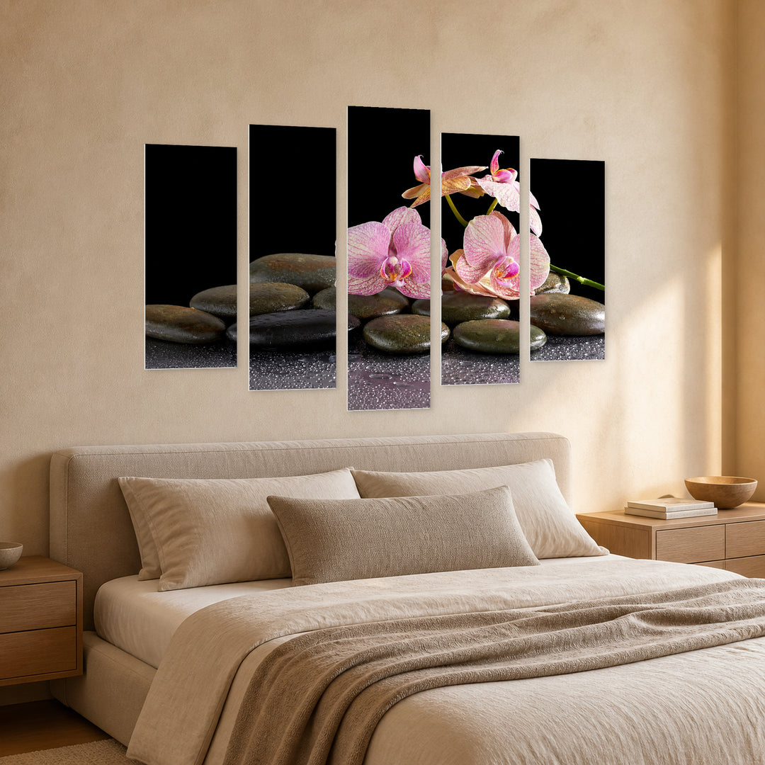 Spa Stones and Orchid Flower with Geometric Rhythm — five-panel wall art in perspective interior | 5wallart 54759 M2