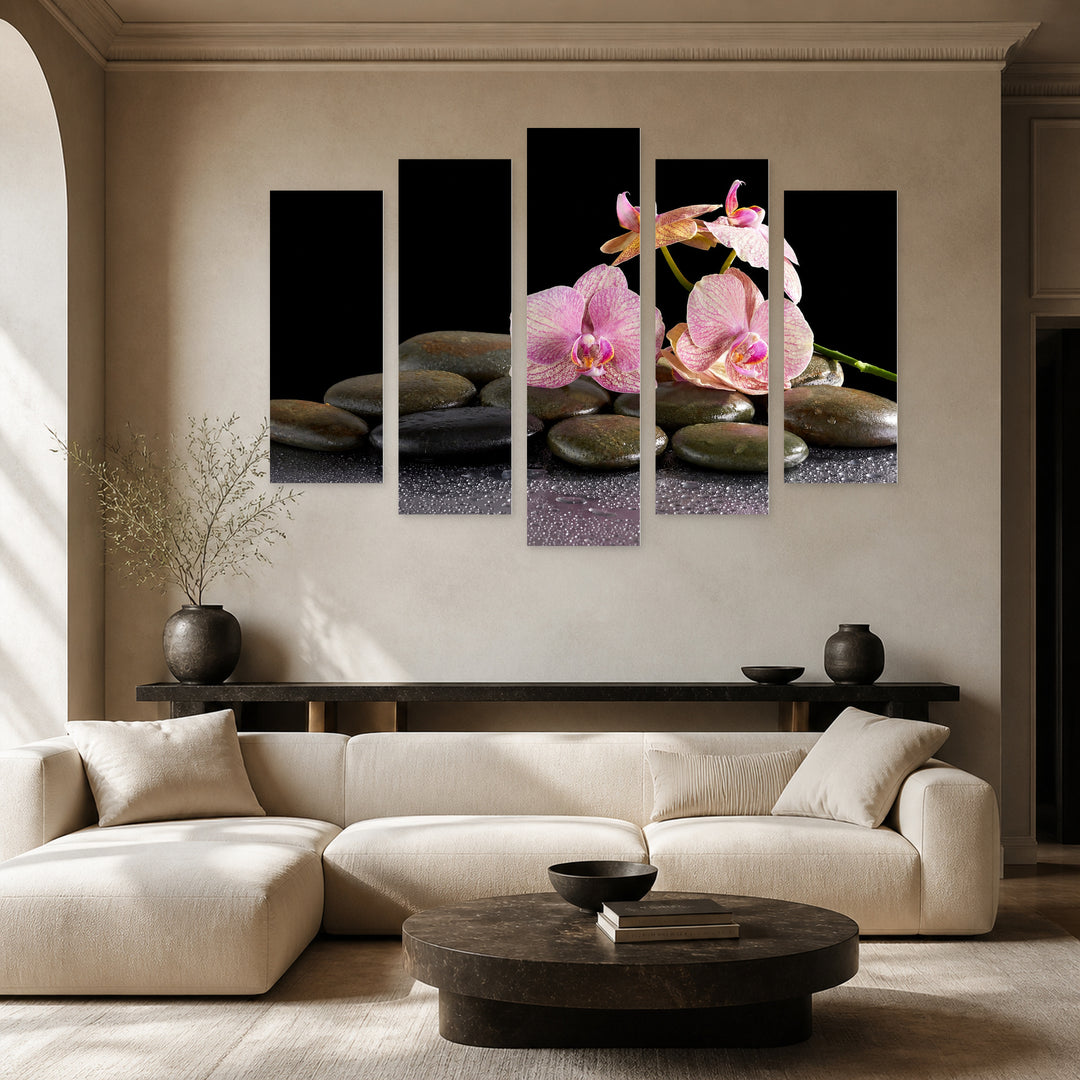 Spa Stones and Orchid Flower with Geometric Rhythm — five-panel wall art in frontal interior | 5wallart 54759 M3
