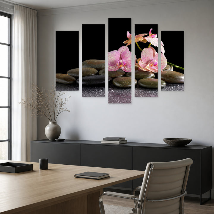 Spa Stones and Orchid Flower with Geometric Rhythm — five-panel wall art in alternate frontal interior | 5wallart 54759 M4
