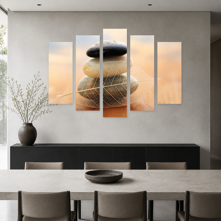 Tranquility in Blue and Gold — five-panel wall art in frontal interior | 5wallart 54760 M3