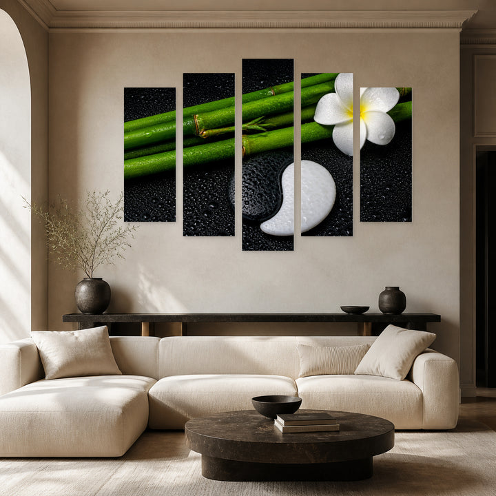 Yin and Yang with Geometric Rhythm — five-panel wall art in frontal interior | 5wallart 54761 M3