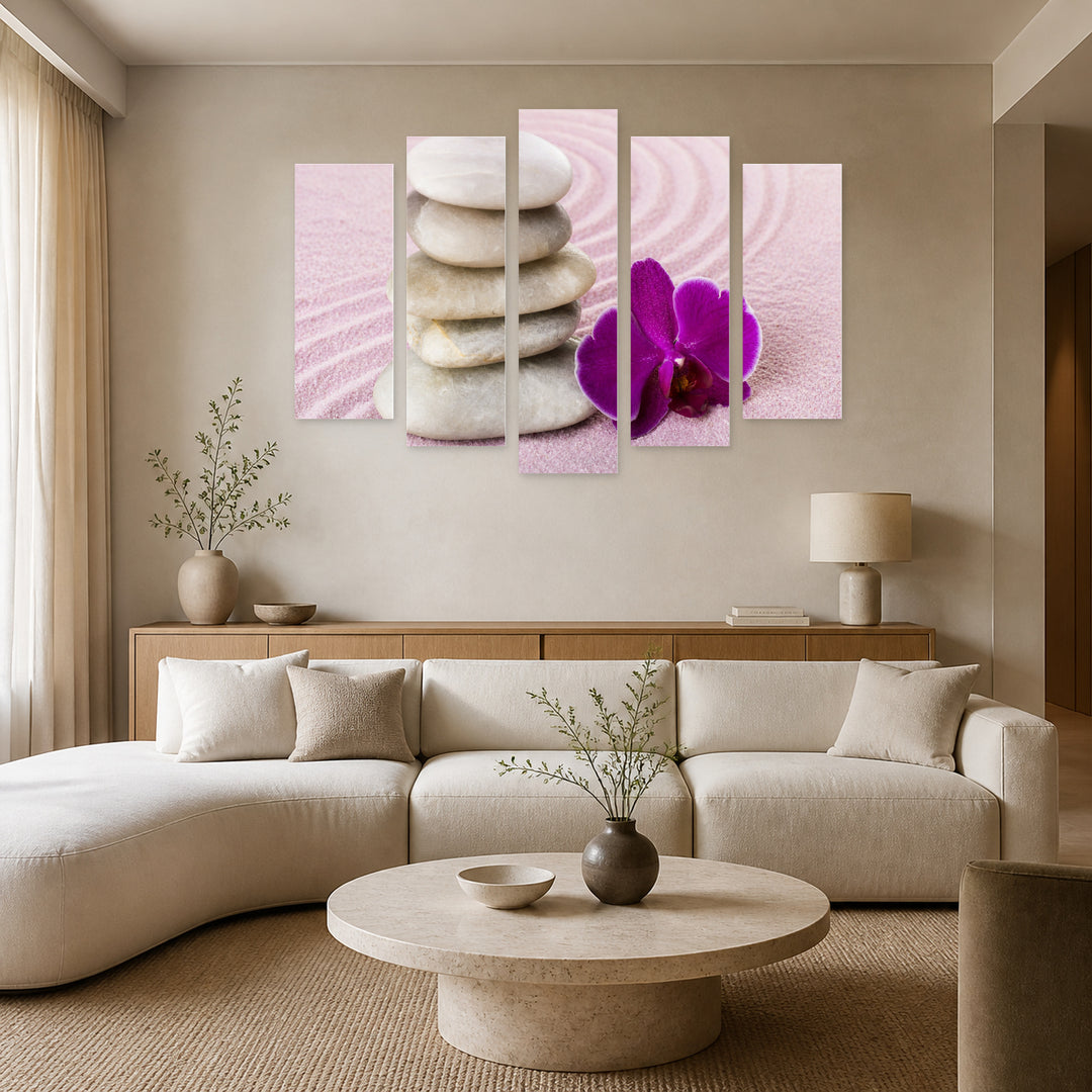 Spa Idyllic Scene with Geometric Rhythm — five-panel wall art in frontal interior | 5wallart 54763 M3
