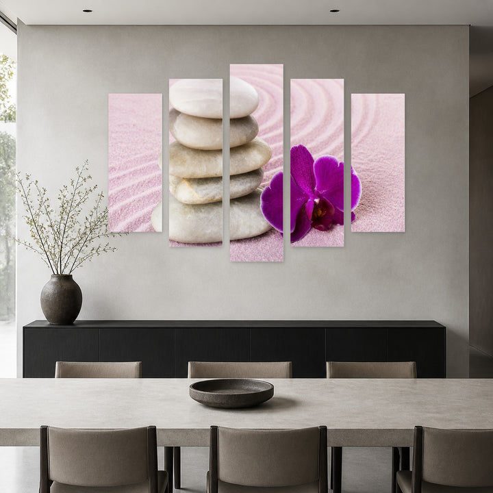 Spa Idyllic Scene with Geometric Rhythm — five-panel wall art in alternate frontal interior | 5wallart 54763 M4