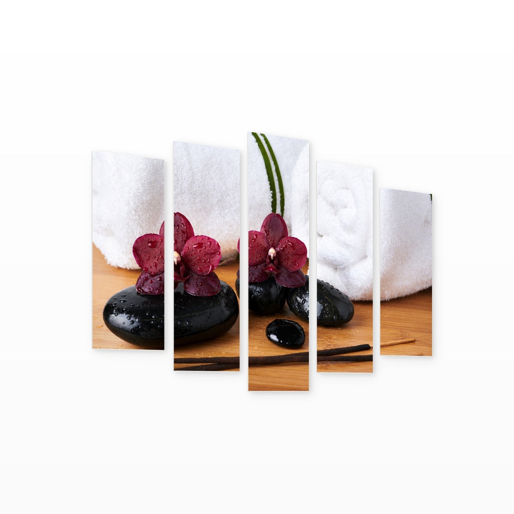 Spa Stones and Orchids in Serene Light — five-panel wall art on white background in perspective | 5wallart 54764 M1