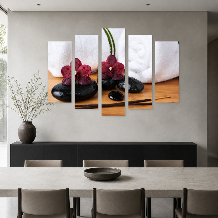 Spa Stones and Orchids in Serene Light — five-panel wall art in frontal interior | 5wallart 54764 M3