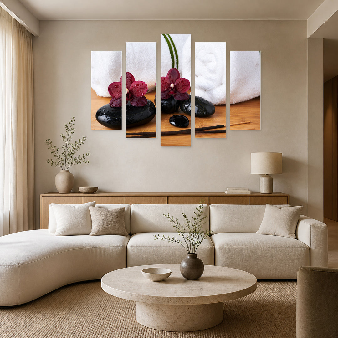 Spa Stones and Orchids in Serene Light — five-panel wall art in alternate frontal interior | 5wallart 54764 M4