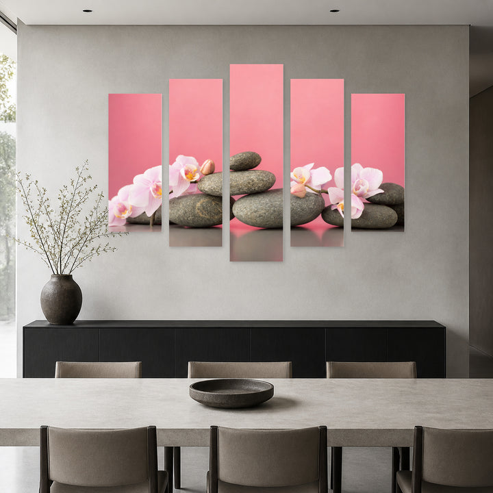 Pink Orchid in Serene Light II — five-panel wall art in frontal interior | 5wallart 54766 M3